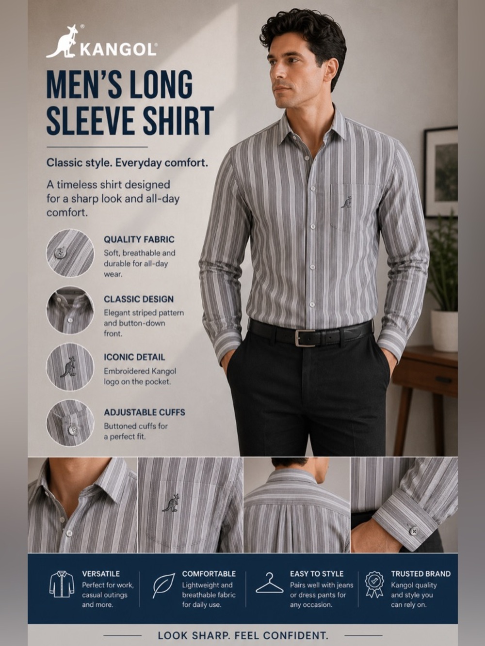 🔥 KANGOL MEN’S LONG SLEEVE SHIRT – BRAND NEW